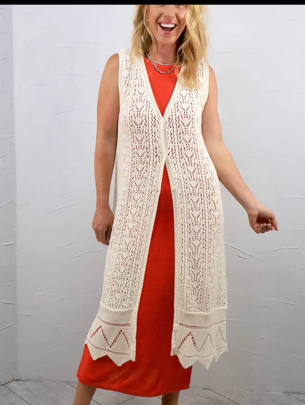 Sage The Label Crochet Duster Cardigan Maxi Boho Festival Open Knit Ivory M